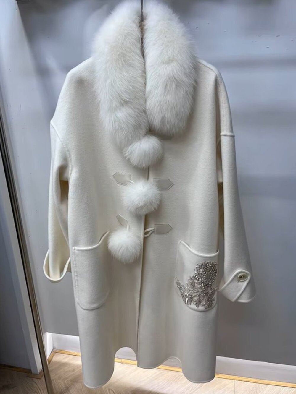 Luxurious Couture Stylish Genuine Real Fox Fur Glamorous Wool Jacket Coat Trench